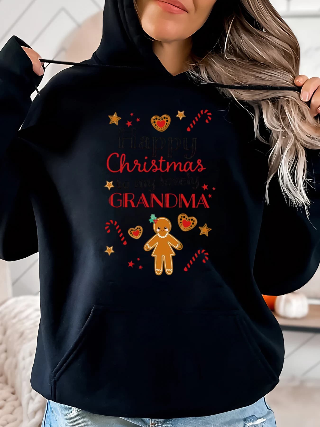 Hoodie with Christmas Gingerbread Grandma Printing, Women's Party Gift, Christmas Party Clothing, Black, Strong Sizes