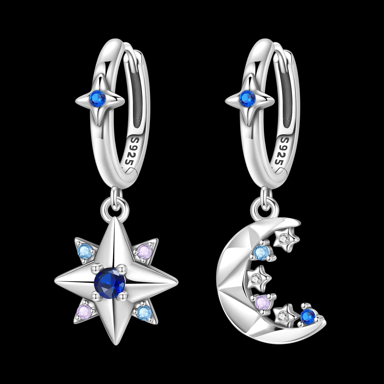 925 Sterling Silver Asymmetrical Sun Moon & Star Dangle Earrings, Original Design Fine Jewelry, Birthday Holiday Gifts For Women