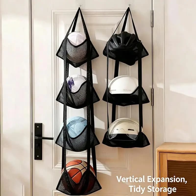 Wall Mounted Basketball Storage Mesh Bag 3 Separate Pockets Organizer for Sports Equipment in Garage or School