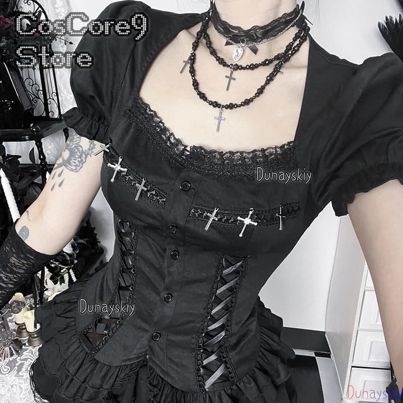 Camicia Gotica Scura con Cinturini per Ragazze, Nuovo Top Versatile Stile Spice Girls, Accessori per Giochi di Ruolo di Halloween, Stile Jirai Kei Vintage