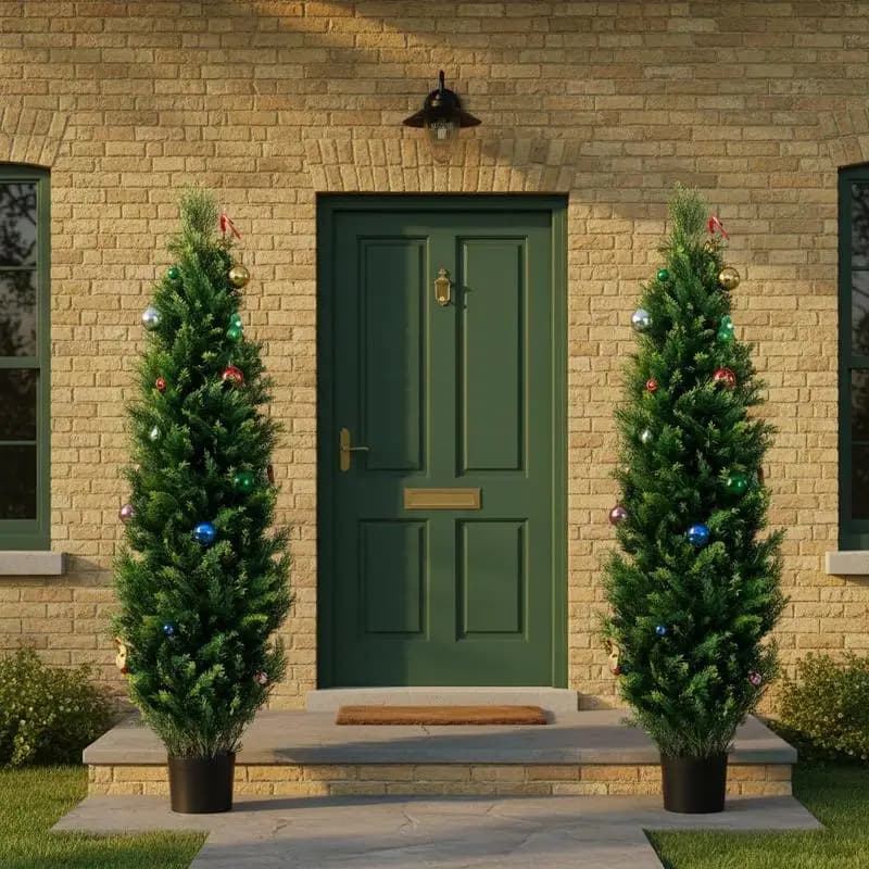 Piante artificiali di cipresso sempreverdi da 5 piedi (confezione da 2) per giardino, veranda, soggiorno, fogliame extra incluso, set di vasi decorativi, set di foglie artificiali effetto real touch, altezza 60 pollici, decorazioni per la casa, uso interno ed esterno.