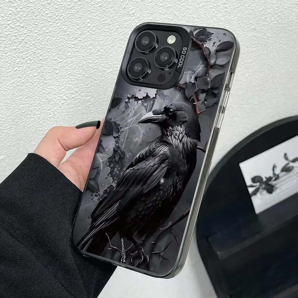 Cover per iPhone con motivo corvo a cartone animato, anti-caduta e anti-shock, compatibile con iPhone 17 16 15 14 13 12 11 Pro/Max/Plus