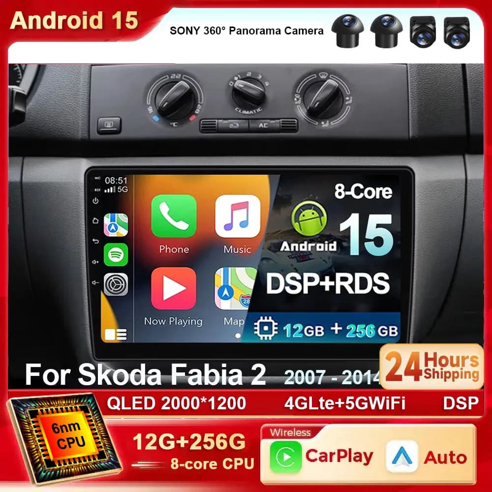 Android 15 Autoradio Per Skoda Fabia 2 2007-2014 Multimedia di Navigazione GPS 4G WIFI Carplay Android Auto Lettore Carplay QLED 360