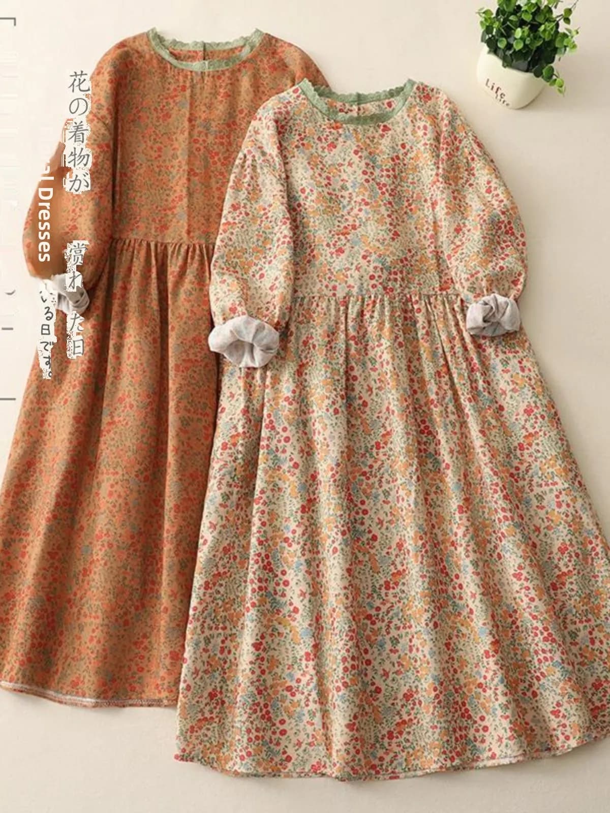 Ele Long Sve Cotton Linen Dr Floral Print Loose Overlap Slimming Long Skirt High Waist A-Line Casual Spring Dr