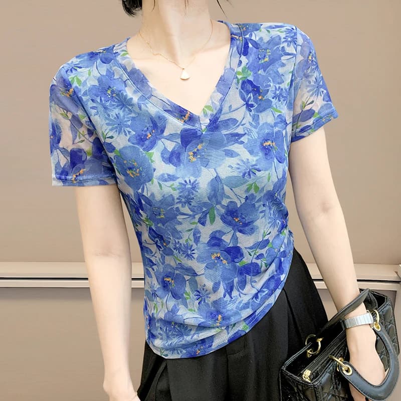 Estate 2025 Top da donna alla moda con scollo a V in pizzo con stampa a rete a maniche corte T-shirt con strati di moda