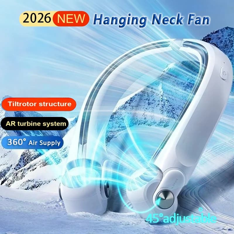 2026 New 360° Air Supply Hanging Neck Fan Portable Air Conditioner Bladeless Fan Rechargeable Air Cooler Tilting Strong Wind