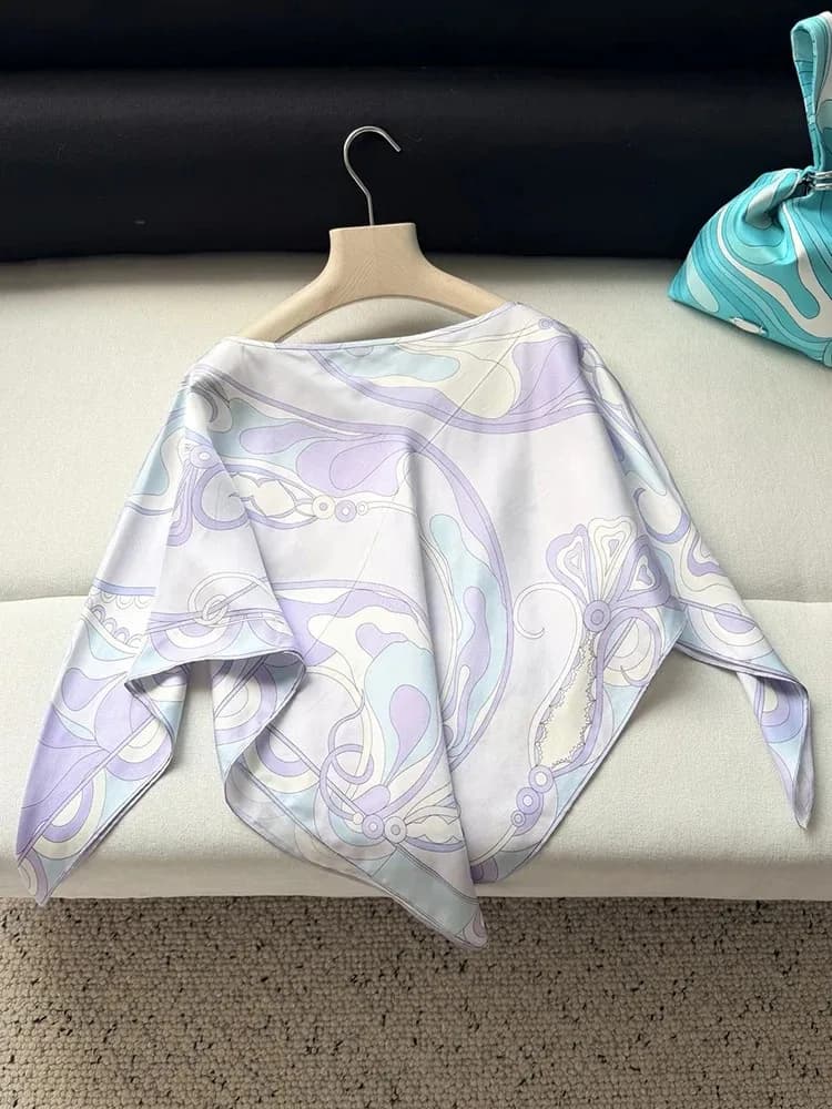 Spring Summer Fashion Daily Casual Geometric Print Silk Pullovers Women's O-Neck Loose Batwing Long Sleeve Blouses