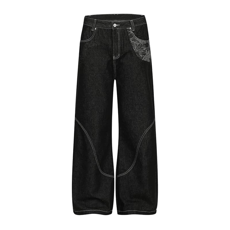 Jeans Originali GXFortune Snake Trace A-Line con Incisione Laser, Cuciture a Fiamma e Patchwork, Gamba Dritta in Denim