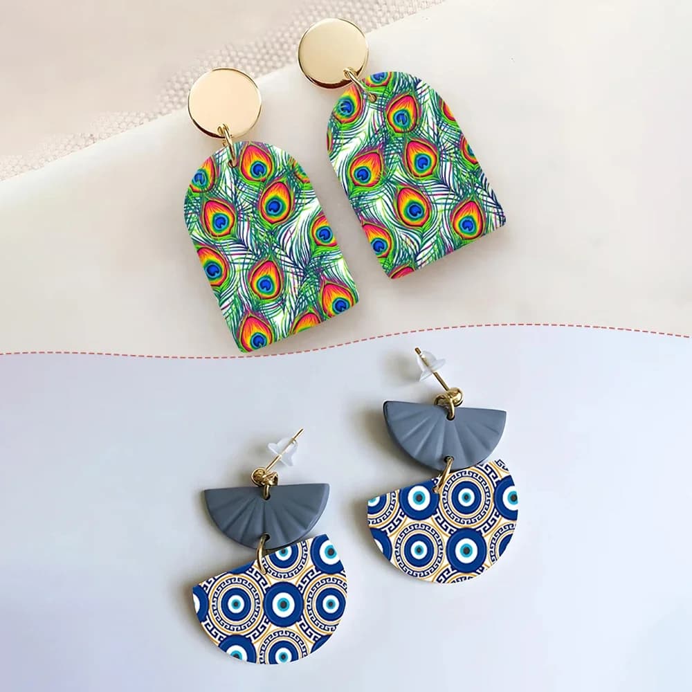 6 pz/set Piuma di Pavone Vintage Dot Repetizione Modello Dipinto Argilla Polimerica Acquerello Trasferimento di Carta Ceramica Orecchini Adesivo