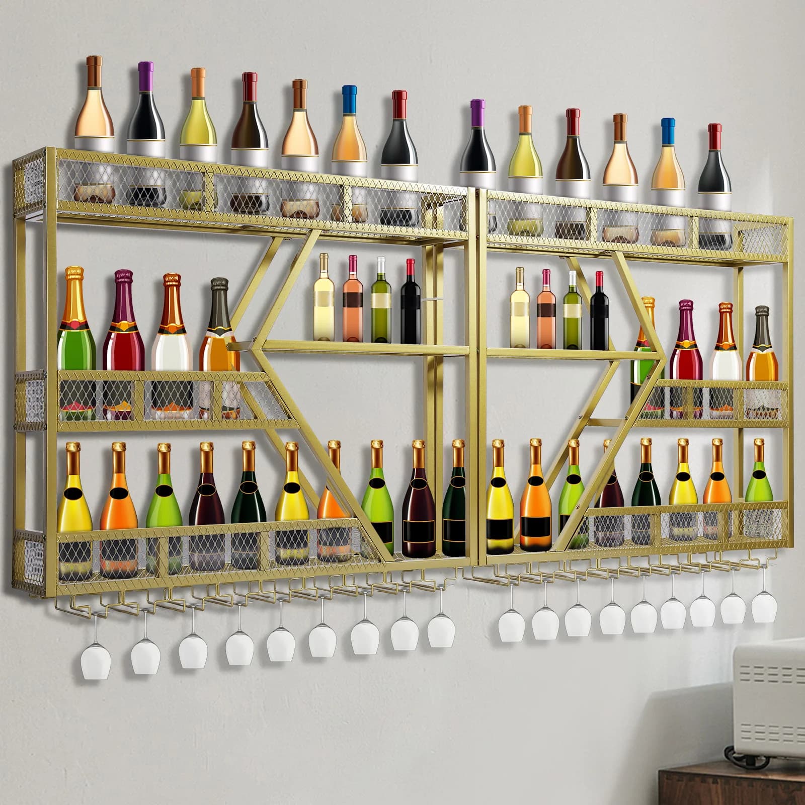 Espositore in Metallo per Bottiglie di Vino con Portabicchieri, Scaffale per Conservazione e Presentazione di Bottiglie di Liquori per Casa e Sala da Pranzo