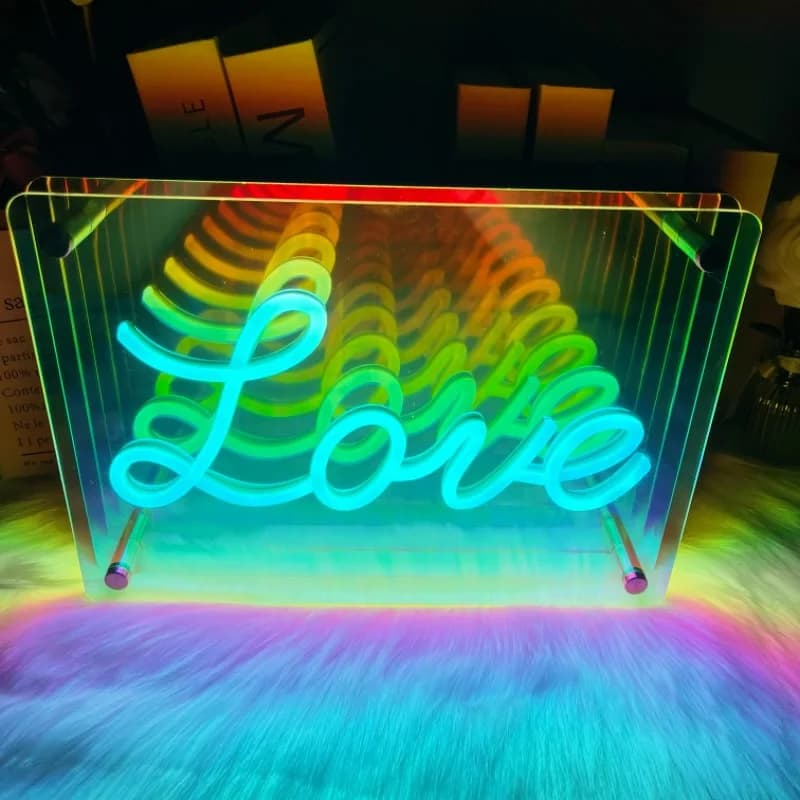 Love Infinity Specchio Insegna al neon LED Insegne al neon alimentate tramite USB Luce notturna 3D Tavolo Art Decor Camera da letto Soggiorno Decorazione della parete Lampada