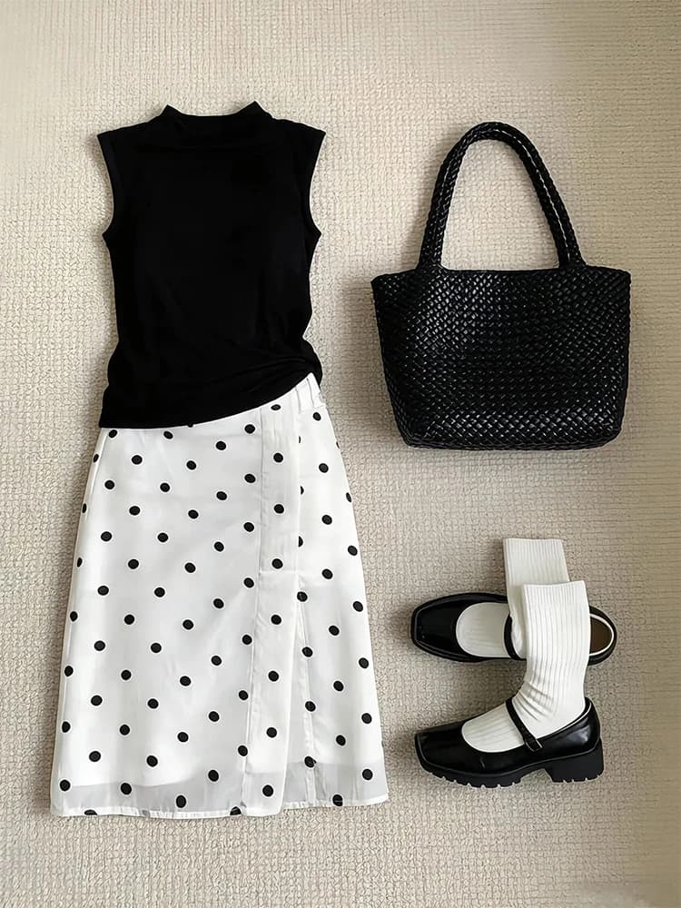 Korean Style Slimming Polka Dot Vest Top Women's Summer Sleeveless Tank Top Set with Half Skirt Black And White New 2026