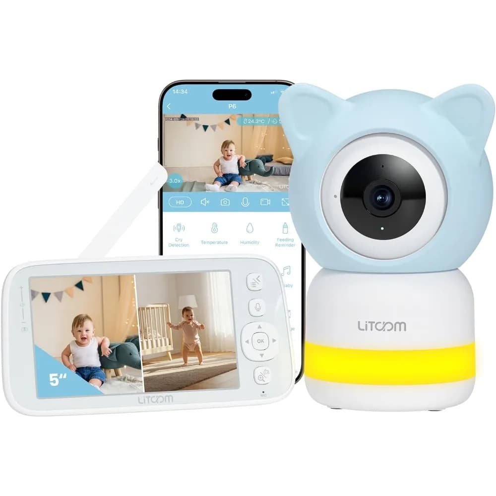Baby monitor da 4 MP con fotocamera e audio, schermo diviso 1080p da 5 pollici, senza wifi e wifi 5 g/2,4 g, zoom panoramico remoto, visione notturna,