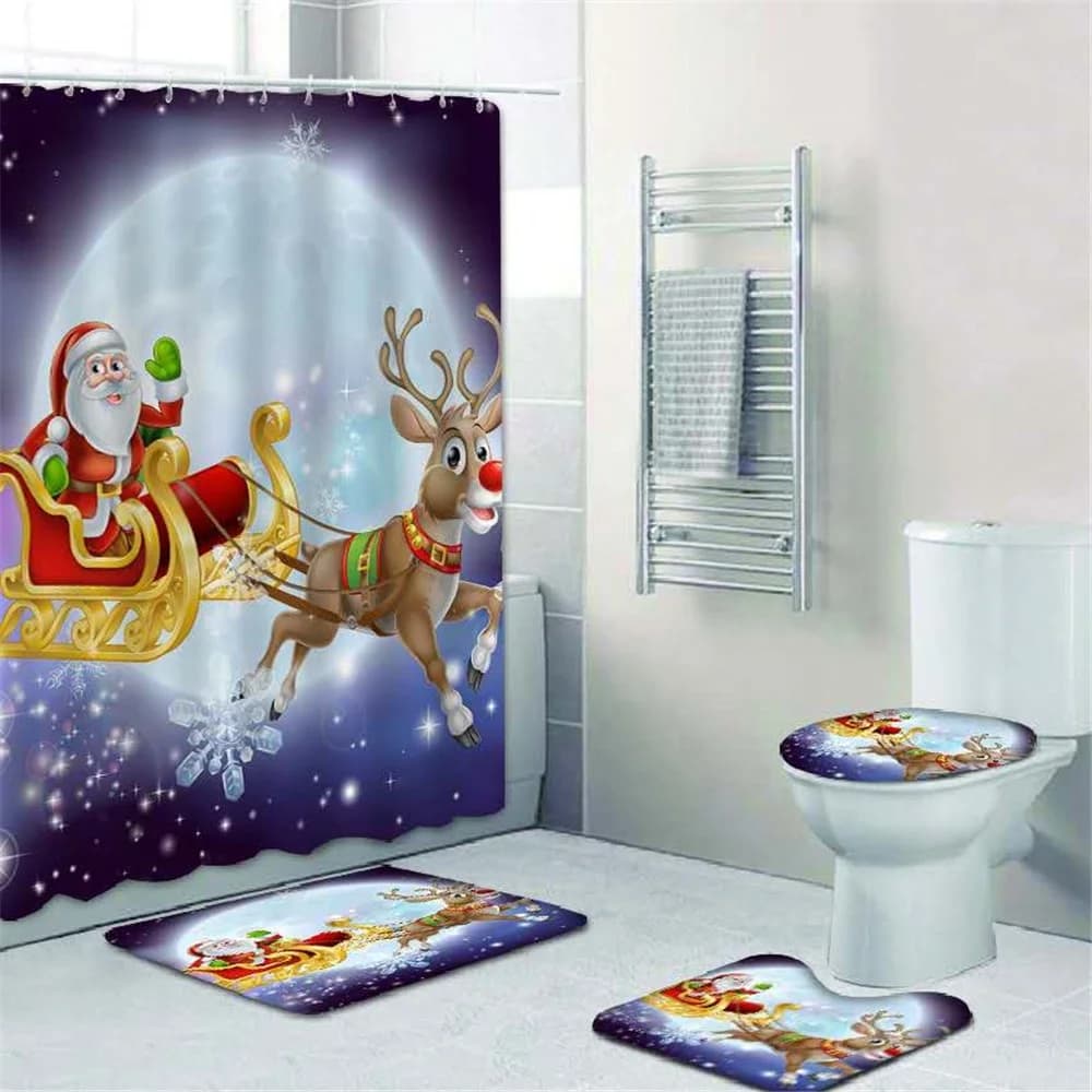 Various Colors Custom Designer 3D Printing Polyester Eco-Friendly Christmas Shower Curtain Set with Shower Curtain and Rugs