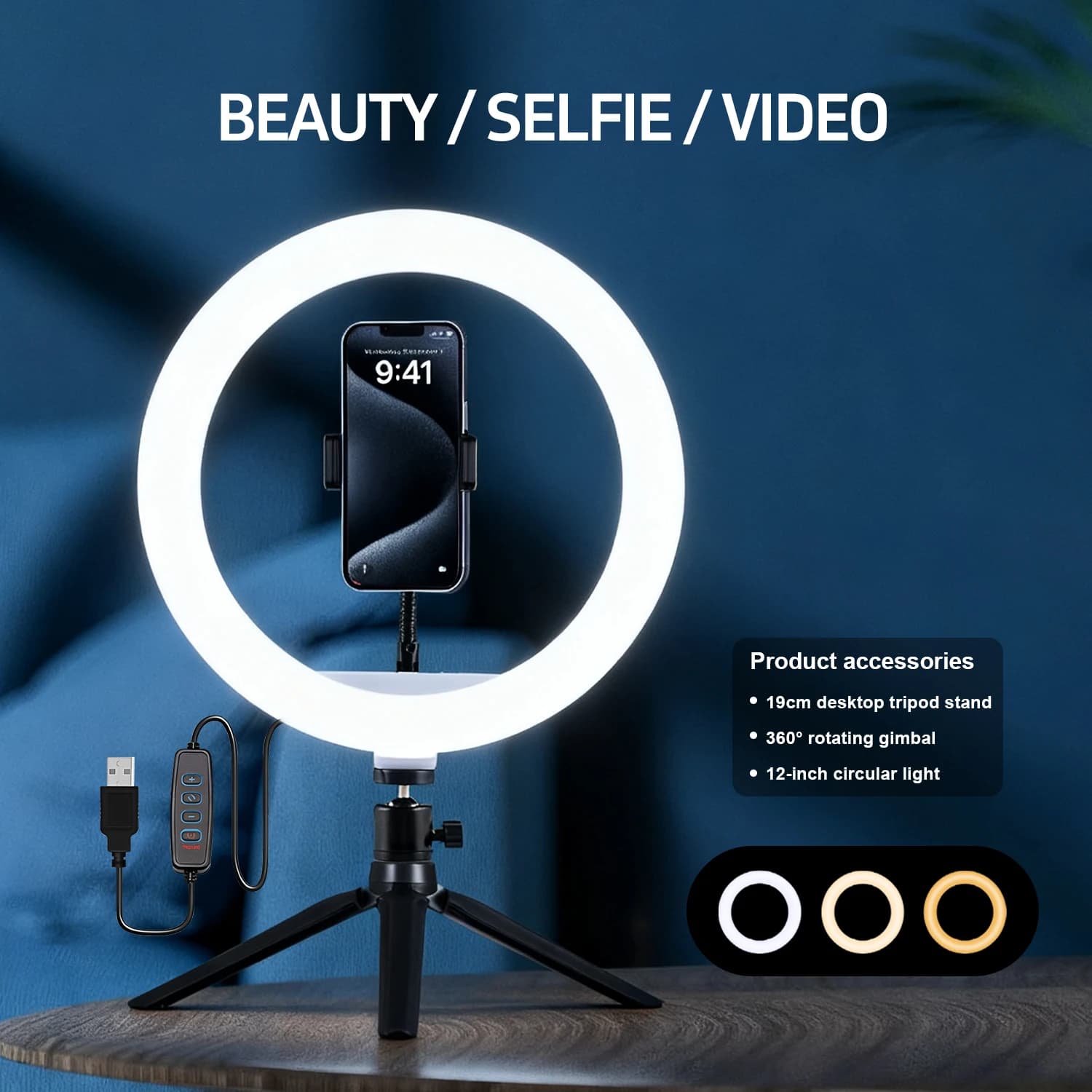 12" Selfie Ring Light with 7.5" Desktop Tripod Stand & 1 Phone Holder, LED Ringlight with 3 Dimmable Modes for Makeup