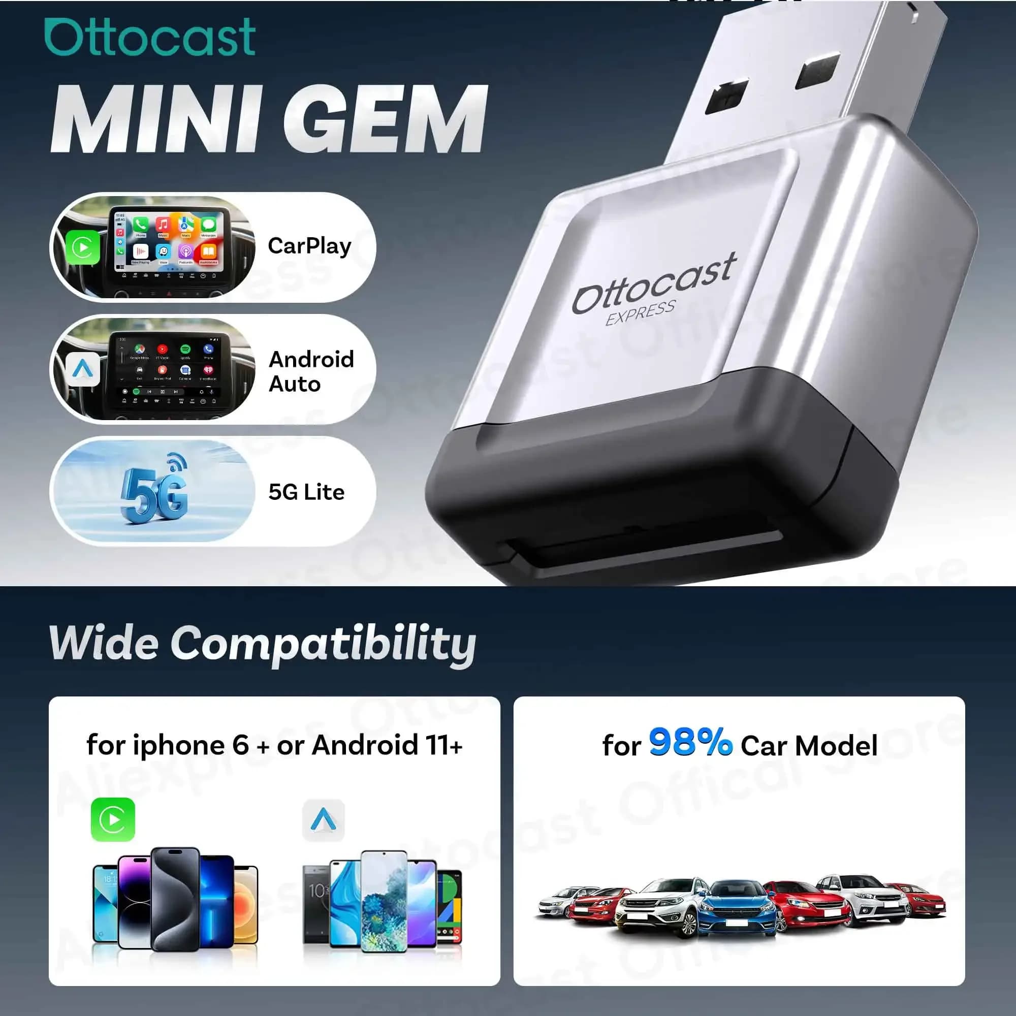 Ottocast Express Mini Gem Cube 3.0 Adattatore CarPlay e Android Auto da Cablato a Wireless, Dongle USB, Accessori Auto per iPhone e Android