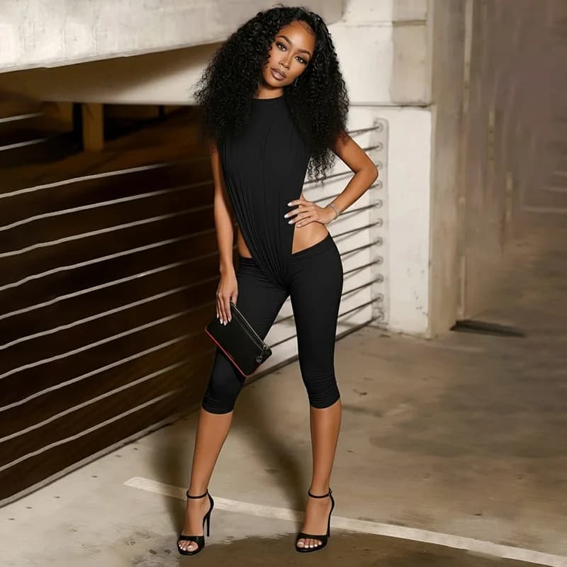 Spring New Arrival Women's Sexy Slim Fit Fashion Onesie Seven Pants Set Casual Sportswear Ensemble Trousers Suit Set