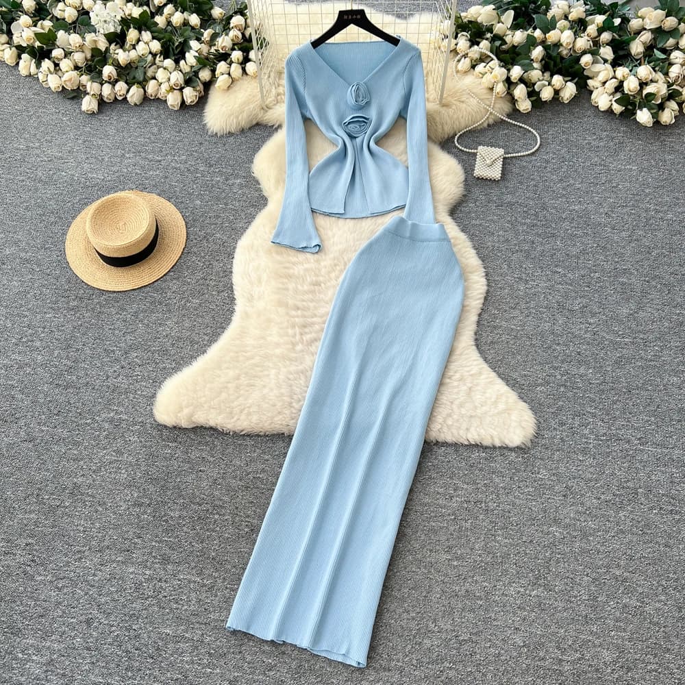 Vintage Elegant long sleeve V-neck floral Knit korean Fashion women clothing autumn dresses Two Piece Set