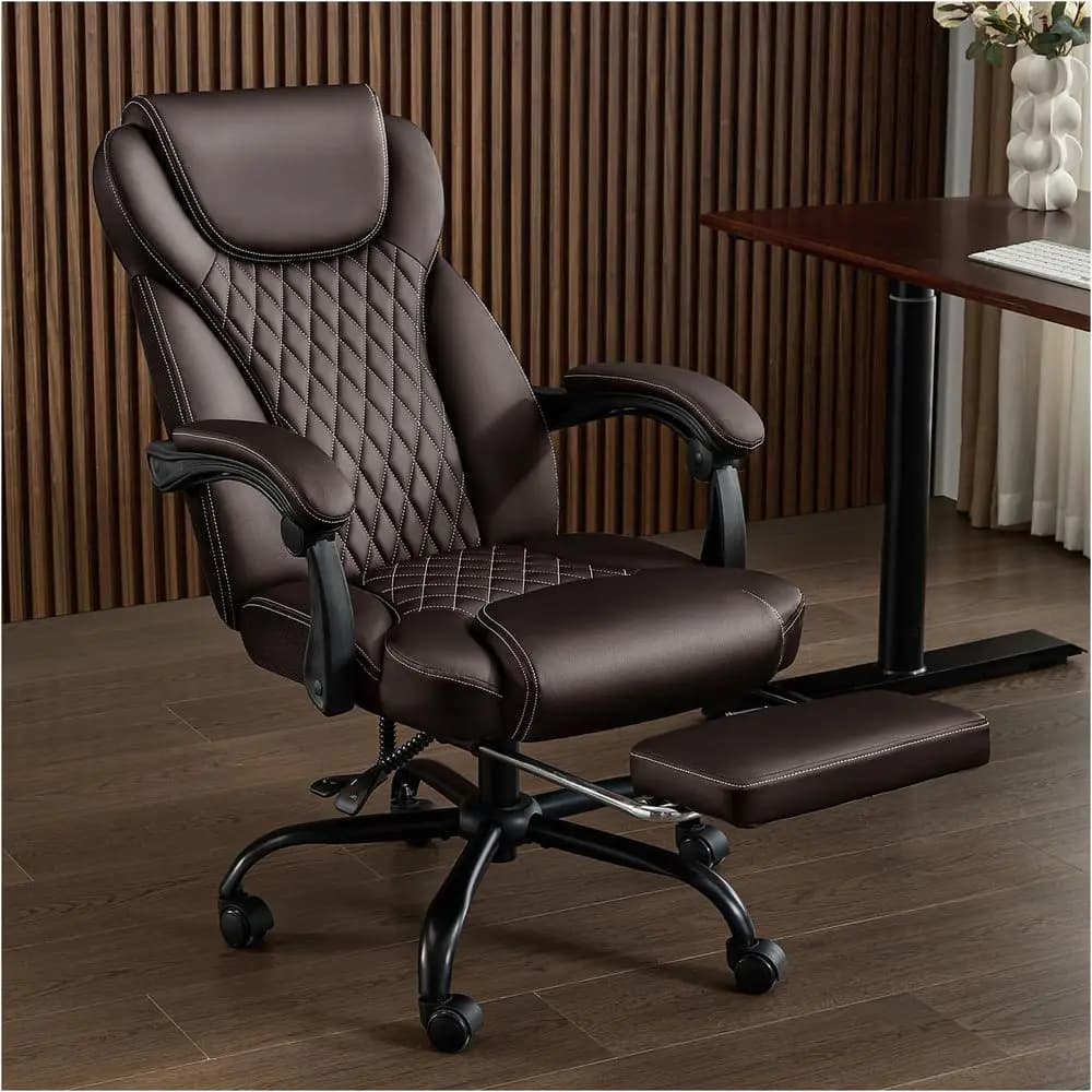 Ergonomic High-Back Leather Office Chair with Footrest, Reclining 90°-135°, 20 Spring Packs, Supports up to 300lbs, Suitable for