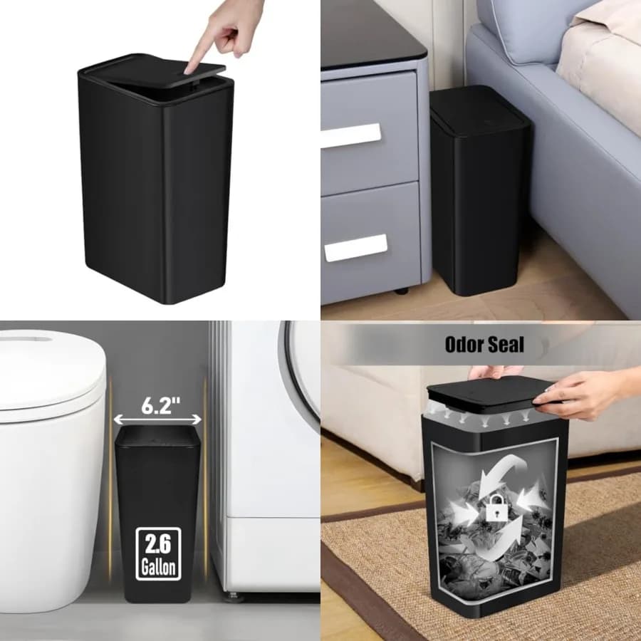 Cestino per Rifiuti da Bagno con Coperchio, 10 Litri/2,6 Galloni, Bidone Sottile con Coperchio a Scomparsa per Cucina, Camera da Letto, Soggiorno, Ufficio (Nero)