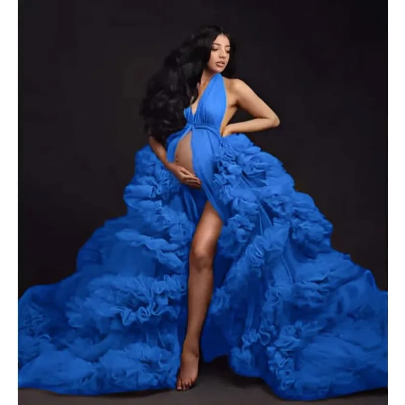 Maternity Wedding Dress - Sexy Long Night Shirt with Volant in Tulle for Pregnancy Photographic Service - Multicolor Wedding Dress for Baby Shower