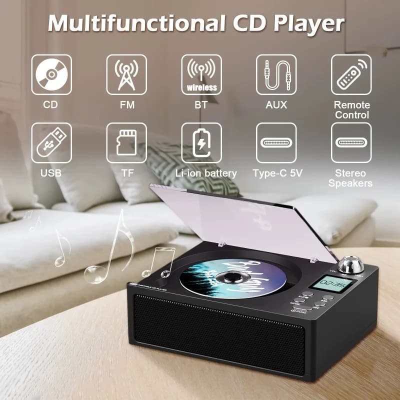 Hi-fi CD Player, Music Album Player ,retro Disc Player FM Radio USB Drive TF Card Wireless Bluetooth Speaker with Earphone Input