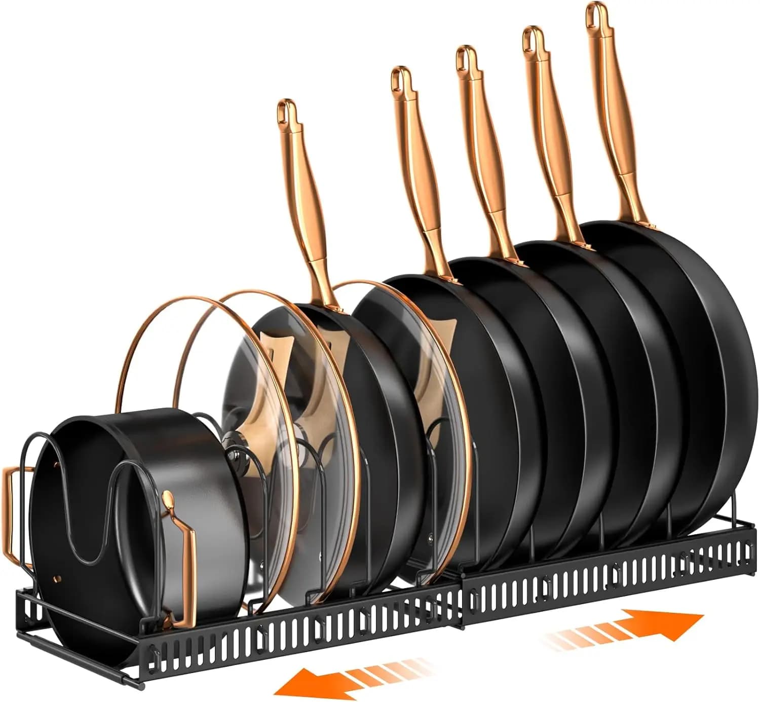 Expandable Pots and Pans Organizer Rack for Under Cabinet, 11.81-22.85 inch, 10 Adjustable Compartments, Pot Lid & Cutting Board Holder, No Tools Assembly