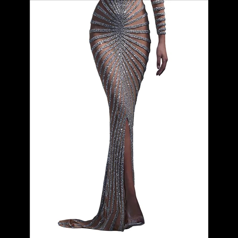 ABRT-Abito da sera di compleanno con spacco a maniche lunghe trasparente in rete di diamanti caldi alla moda elegante da donna
