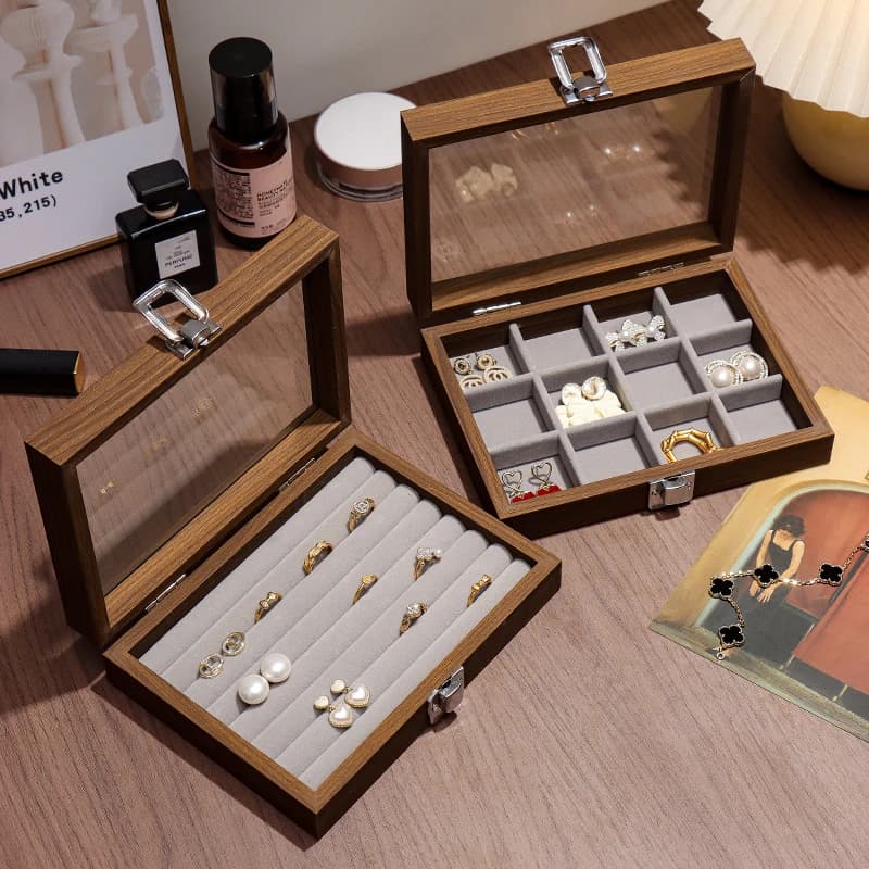 Walnut wood jewelry box; exquisite wooden ring box, earrings, studs, necklaces, jewelry box multi-sparkling