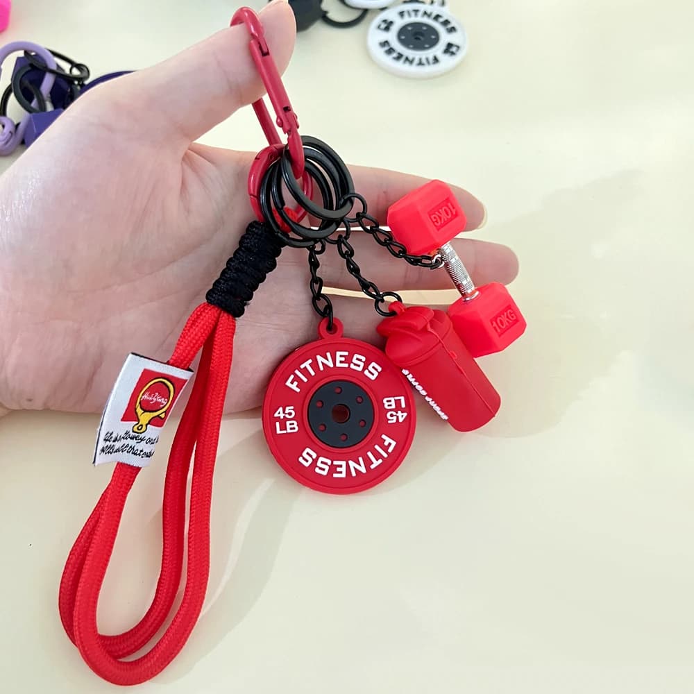 Simulation PVC Bottle Dumbbell Barbell Plate Pendant Keychain Fitness Lovers Bag Charms Backpack Decor Accessories Party Gift