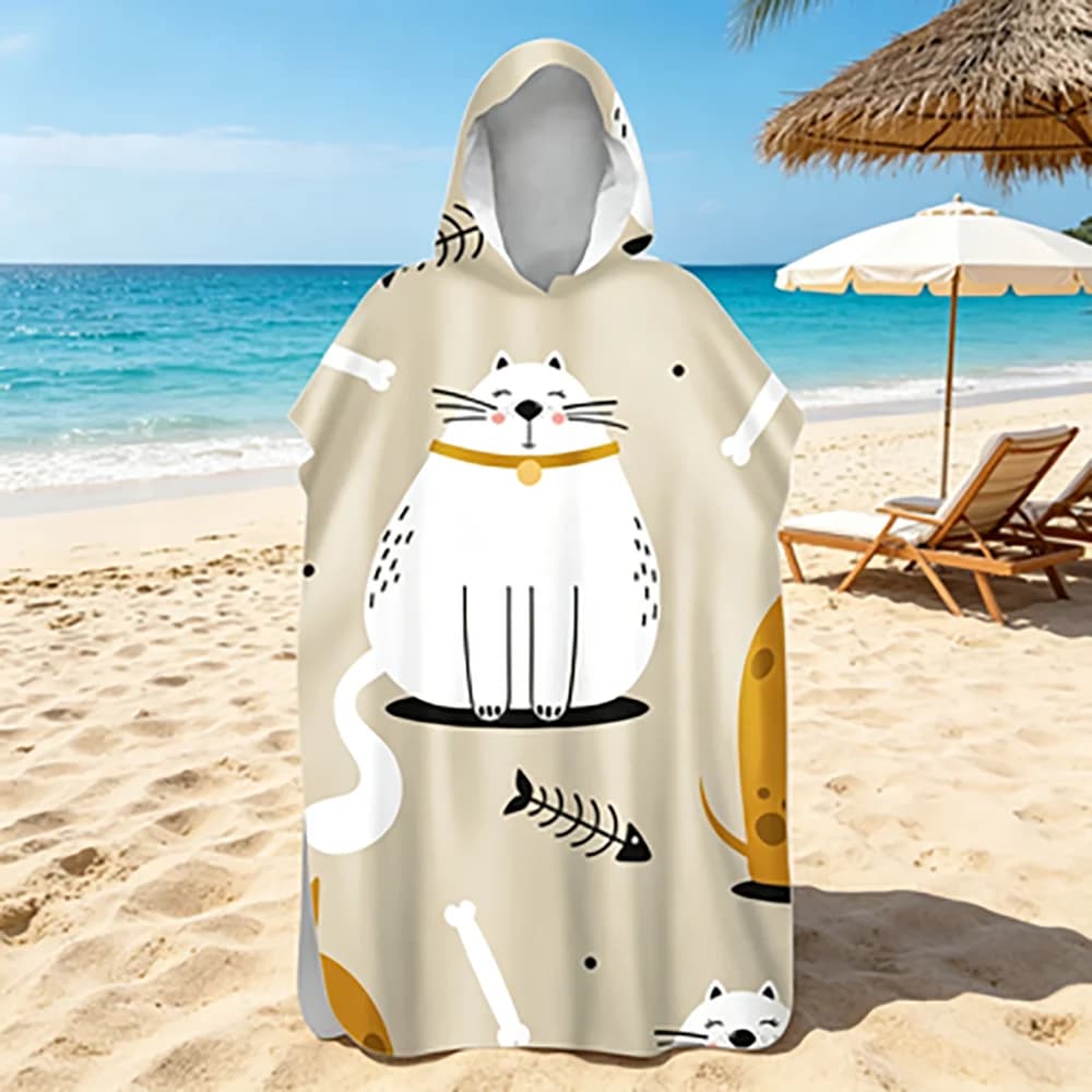 Accappatoio con Cappuccio ad Asciugatura Rapida con Motivo Gatto, Poncho da Immersione per Esterni, Asciugamano da Spiaggia per Nuoto, Cappotto per Attività Acquatiche Confortevoli