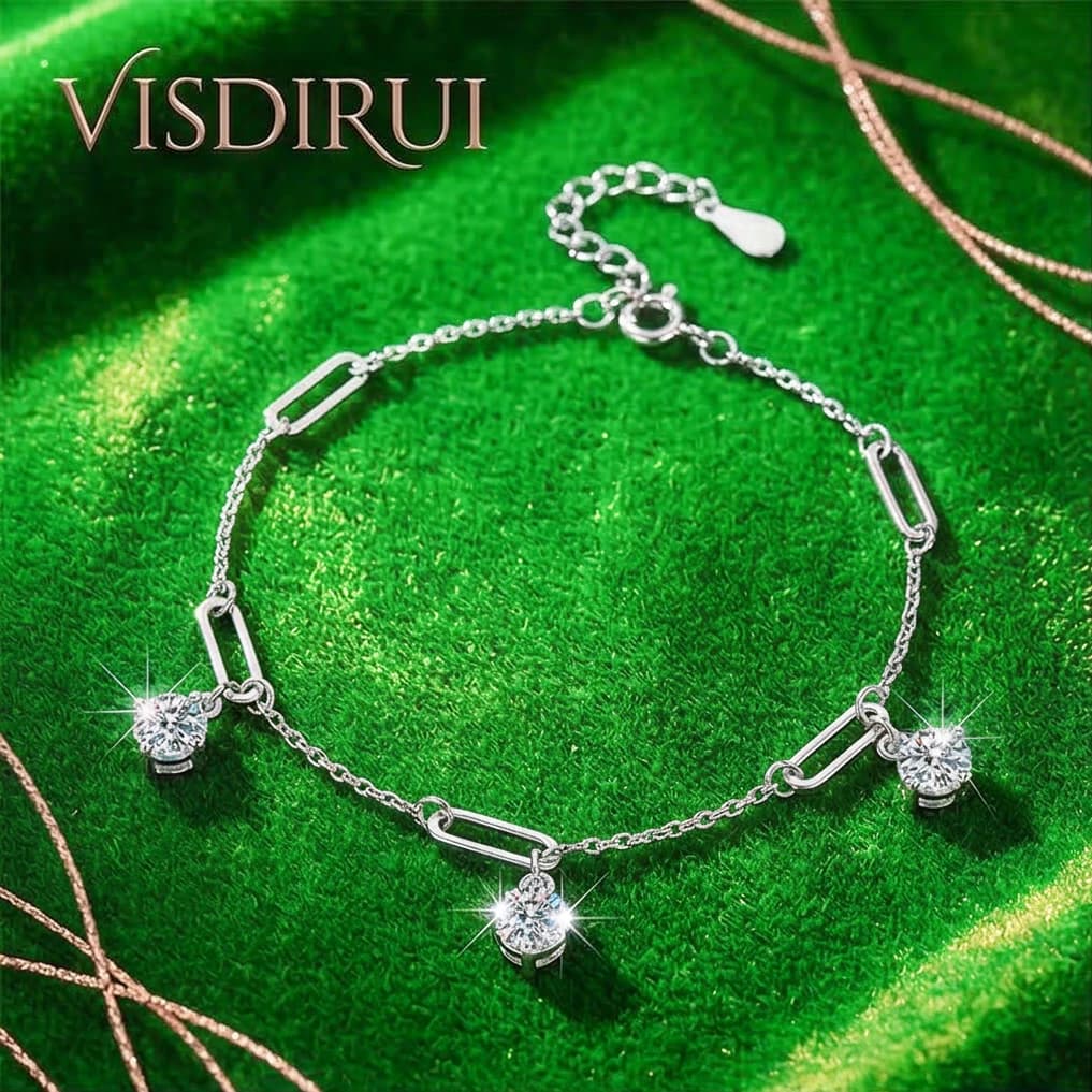 VISDIRUI Bracciale con Tre Pietre Moissanite da 1,5 Carati Colore D in Argento Sterling S925 5mm Regolabile Gioiello Raffinato Regalo di Fidanzamento
