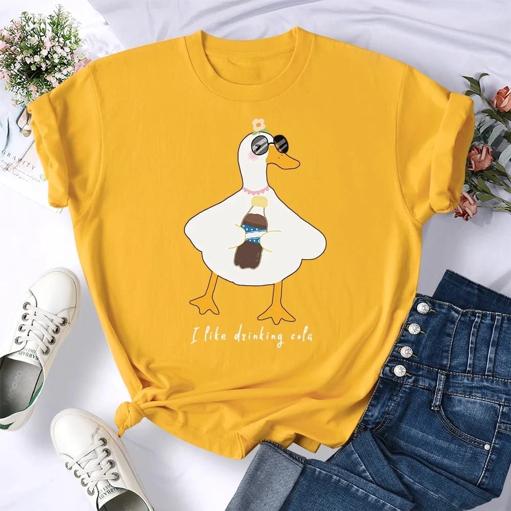 Sunglasses Drink Duck Design Women's T-shirts Comfortable Summer T-shirt Casual Crew Neck Clothing Hip Hop Soft Women's Short Sleeve