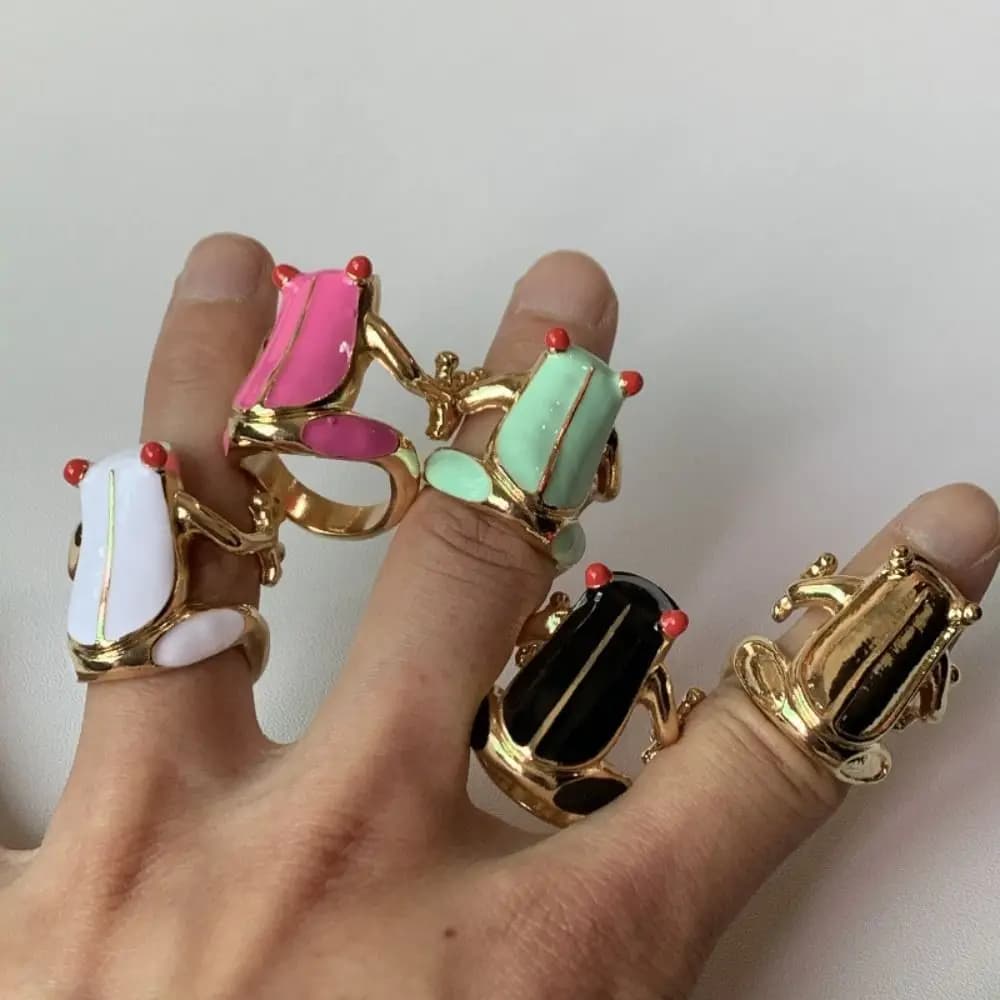Anello da uomo in lega smaltata con design alla moda, stile coreano, con rana dipinta a goccia d'olio e forme geometriche