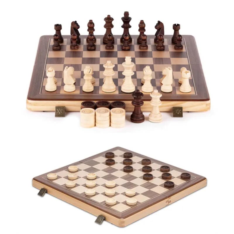 Wooden Luxury 2 in 1 Chess and Checkers Set, Family Chess Game, German Knight Staunton Chessmen, Foldable Wooden Chessboard