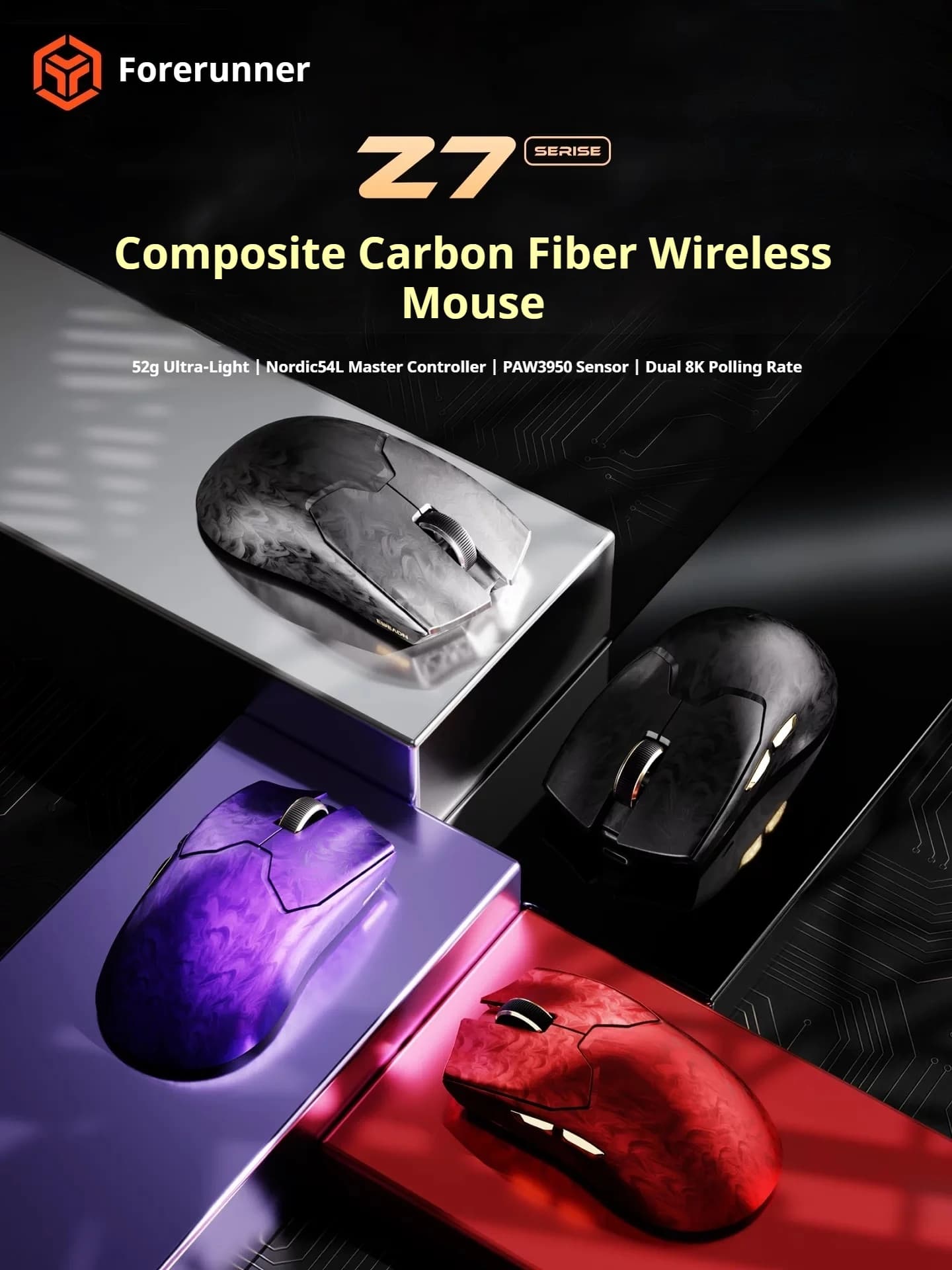 EWEADN Wireless Gaming Mouse Z7 composite carbon fiber, 52 g ultralight, ergonomic for small and medium hands, for eSports and PC players