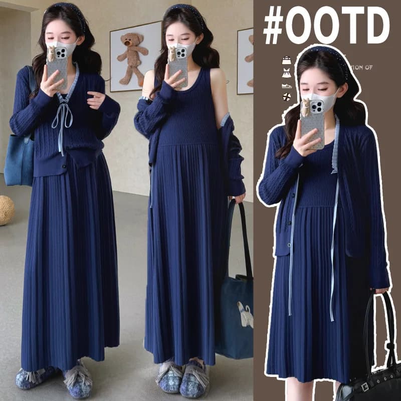 Maternity Suit Spring Autumn 2026 Gentle Elegant Temperament Vest Maxi Dress And Tie Cardigan Two Piece Set For Pregnant Women