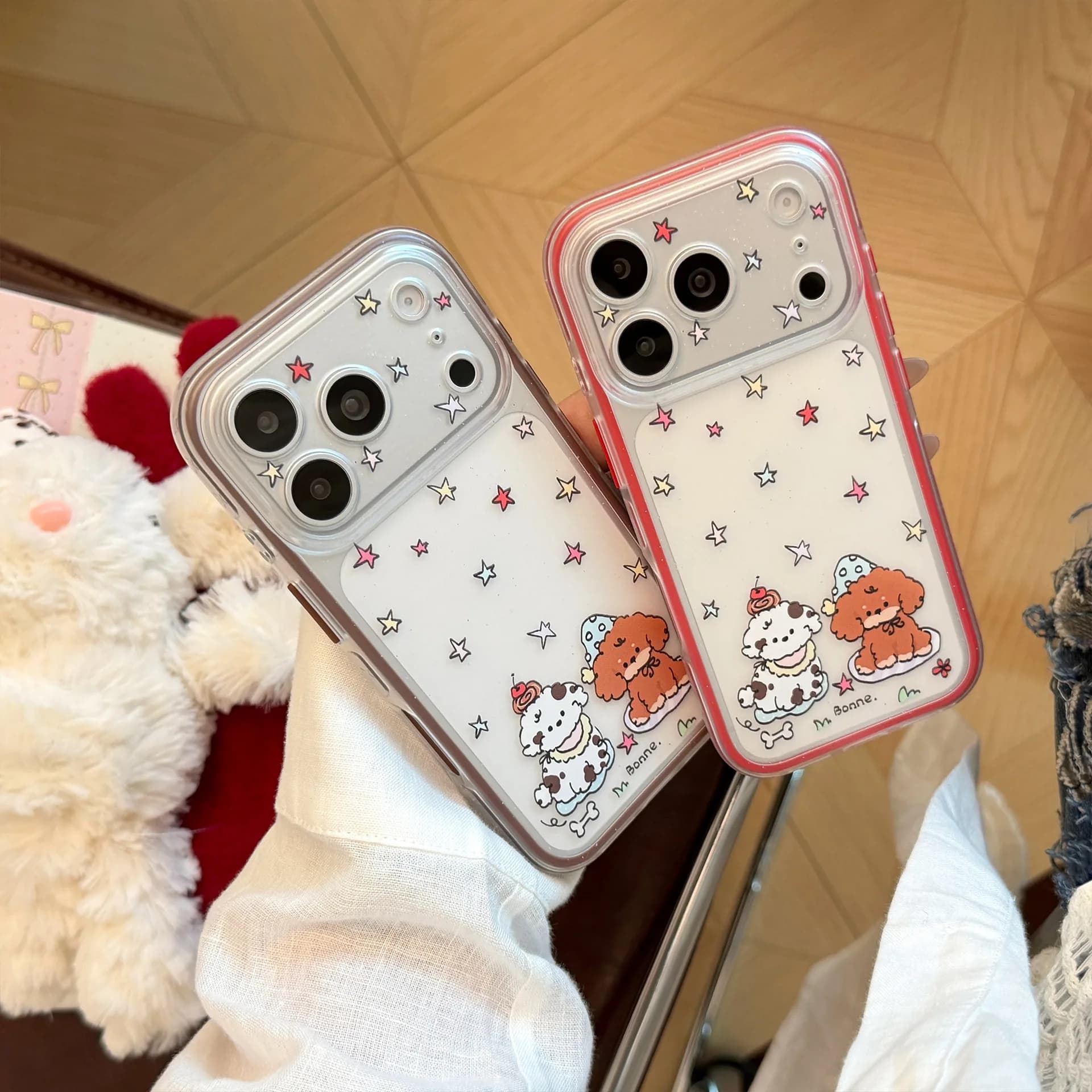 Korean Full Screen Colorful Stars Cartoon Puppy Pattern Phone Case For iPhone 18 17 16 15 Pro Max Shockproof Bumper Soft Cover