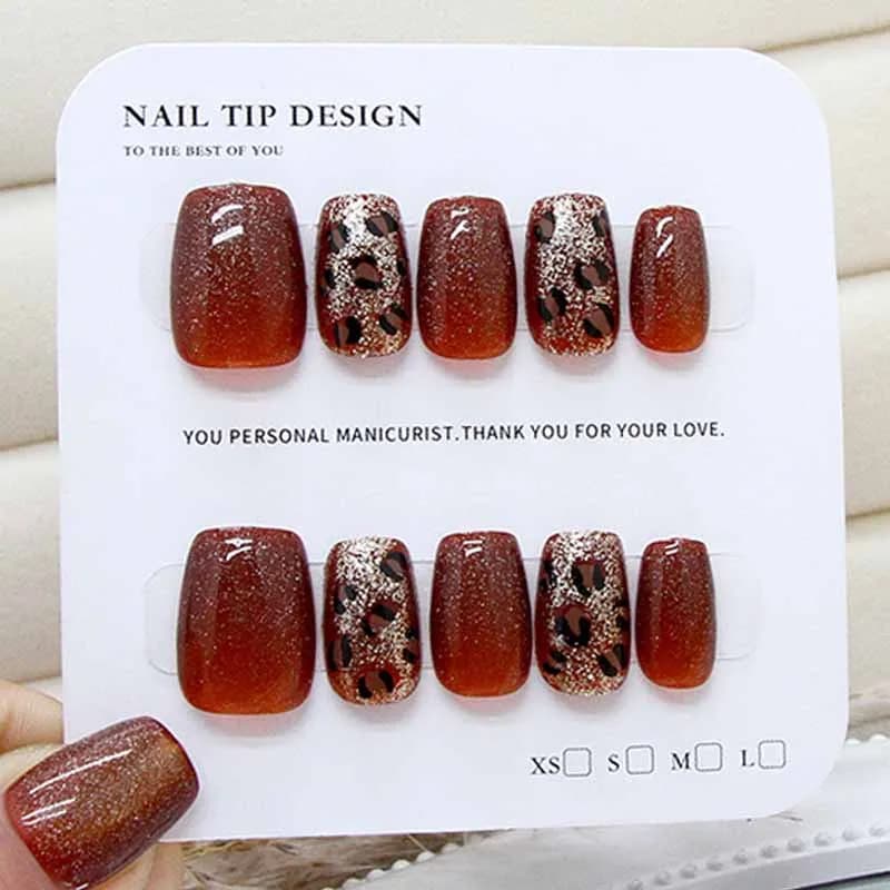 10Pcs Women High-end Caramel Color Fine Shining Leopard Pattern Cat Eyes Press On Nails All-match Fake Nails Wearable Full Cover