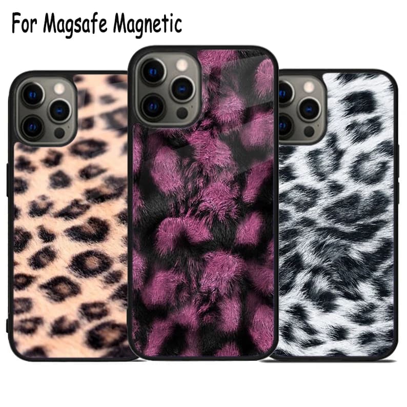 Cover Magnetica MagSafe con Texture Animale Effetto Pelliccia di Ghepardo per iPhone 17 Air 15 16 16e 14 13 11 12 Pro Max Plus
