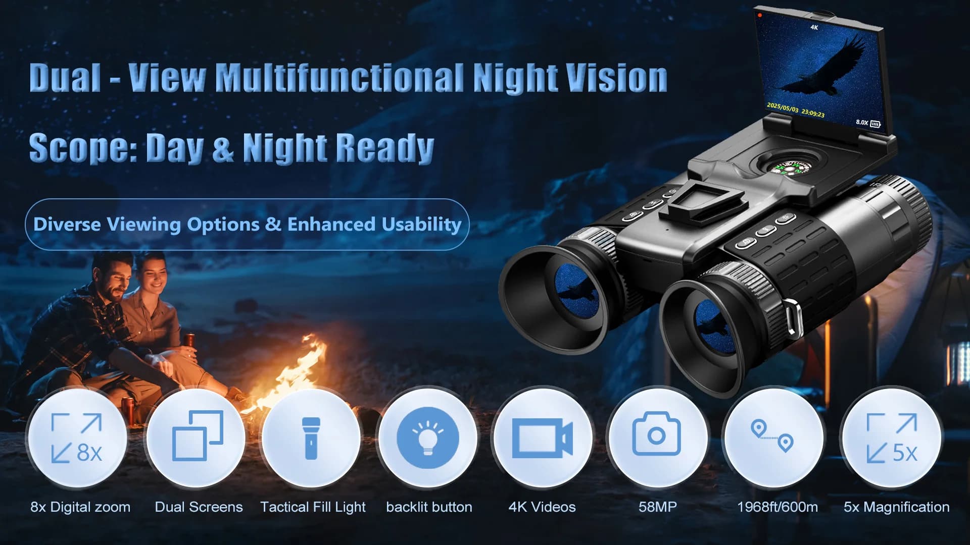 Fotocamera binocolo per visione 4K con luce tattica Portata 600 m Zoom 8X Telescopio digitale con schermo ribaltabile Schermo OLED
