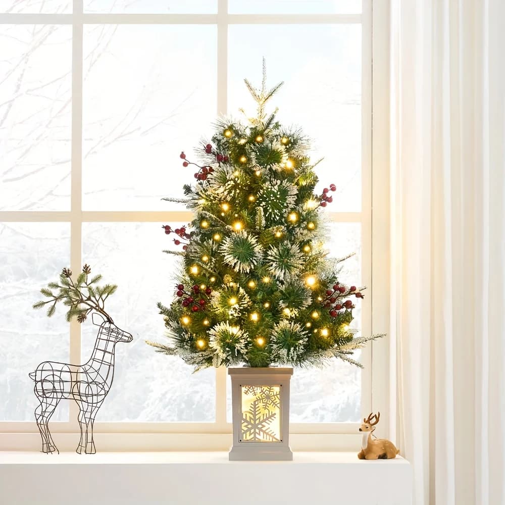 Set of 2 Pre-Flocked 3ft Artificial Snow Pine Christmas Trees with Potted -Standing Containers - All-Season Holiday Decor Suitable for Xmas, New Year, Easy Assembly & Maintenance (Plastic)