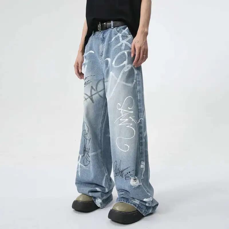 Summer New Trendy Jeans Men's Wear Graffiti High Street Graffiti Straight Male Trousers Casual Loose Men Clothing
