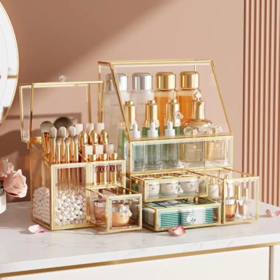 Organizer for Transparent Tricks with Golden Frame, Organizer for Cosmetics, Lipsticks, Perfumes, Brushes, Bathroom and Cosmetic Storage