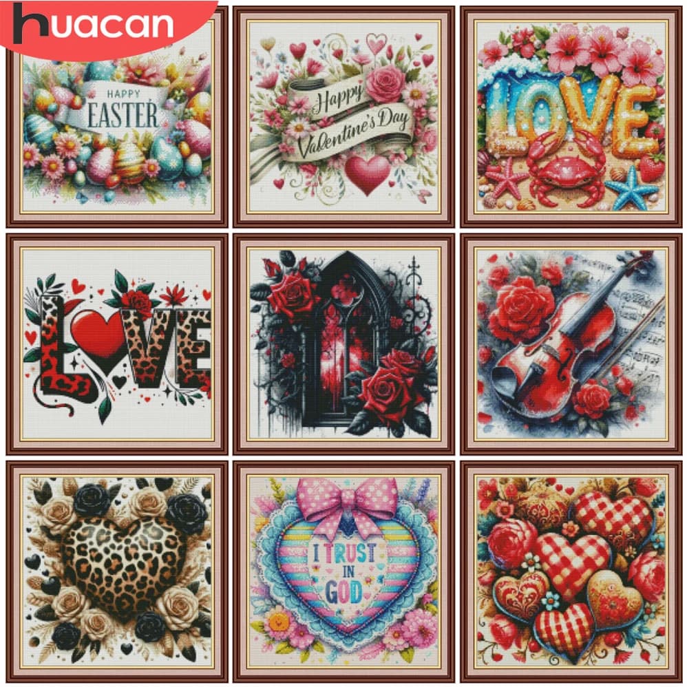 Set da Ricamo HUACAN 11CT, Kit Punto Croce con Stampa Paesaggio e Cuore, Decorazione Murale con Rose, Lavoro a Mano