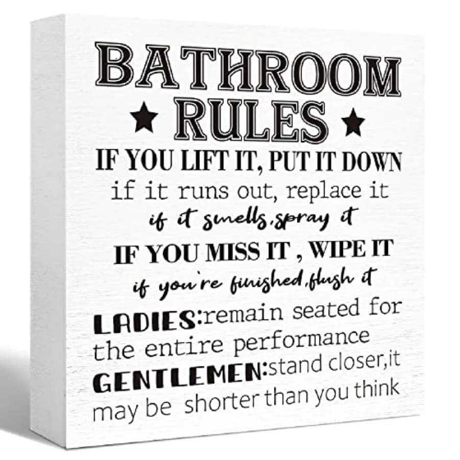 Bathroom Rules Sign Wood Block, Funny Bathroom Signs Wooden Box for Shelf Washroom Toilet Restroom Shelves Decor 5"L x 5"W x 1.