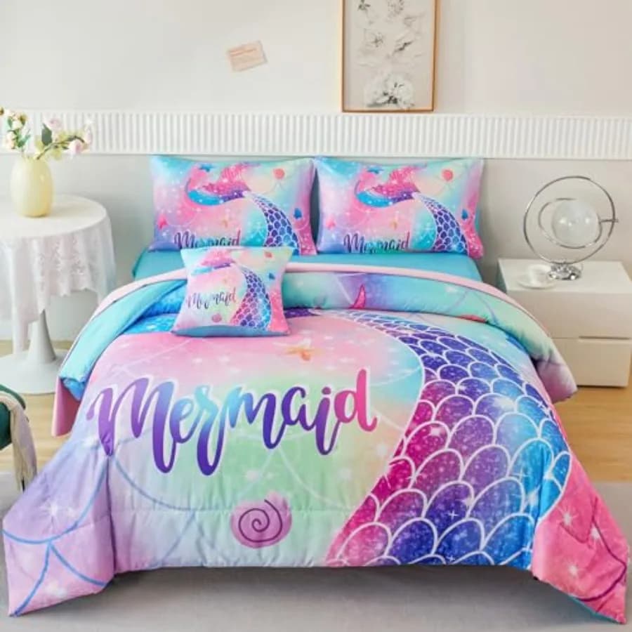 Girls Bedding Set, Colorful Rainbow Girls Comforter Set with Sheets Soft and Lightweight, 6 Pieces Teen Girls Bed in a Bag