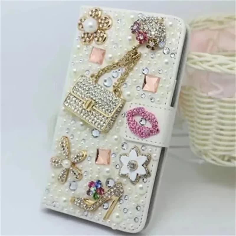 Custodia per telefono con cover in pelle con portafoglio di perle di diamanti Bling di lusso per Samsung Galaxy S24 S25 S20 S21 S22 Plus S23 Nota 10 20