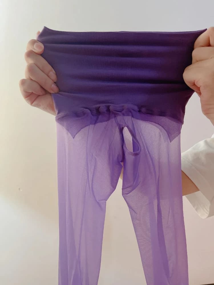 Collant 5D Aurora con cavallo aperto, lucidi effetto olio, senza cuciture a 360°, sexy, setosi, viola, alla moda e sottili da donna