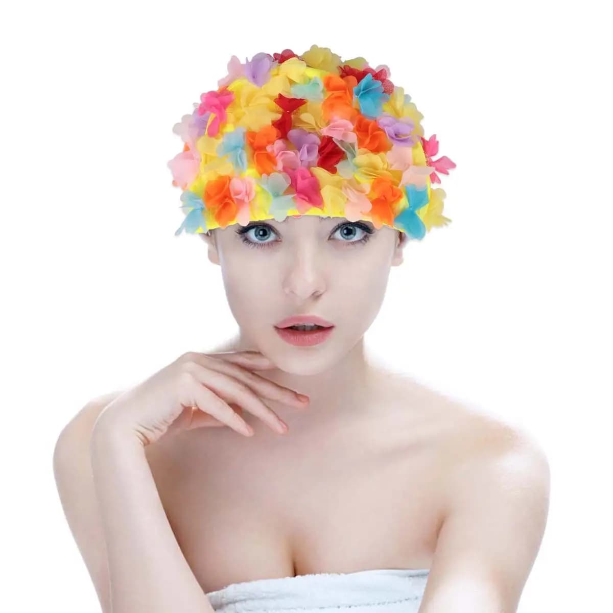 1Pcs Flower Swim Cap for Women Girls Lightweight Eco Friendly Material 3D Hair Ear Protector Quick on Off Beach